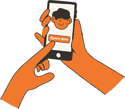 ilustração mãos segurando celular apertando botão quero doar