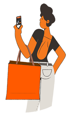 ilustração mulher com bolsa segurando celular acessando shopping smiles