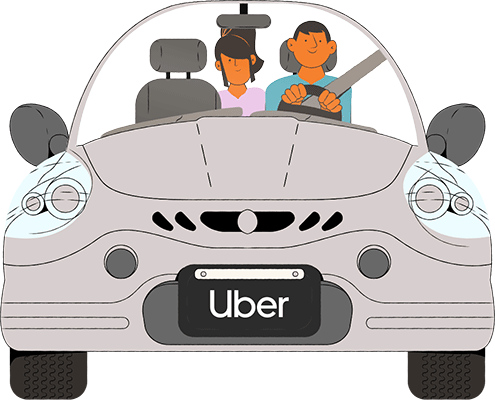ilustração homem dirigindo carro do uber com uma passageira mulher