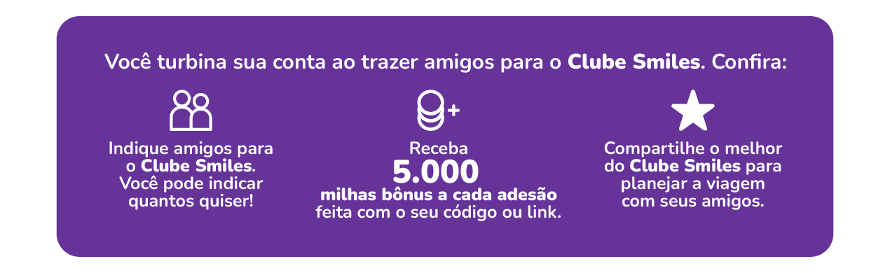 Você turbina sua conta ao trazer amigos para o Clube Smiles.